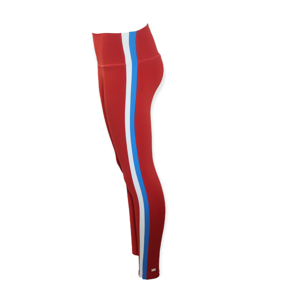 Splits59 Red Leggings with Blue and White Side Stripes